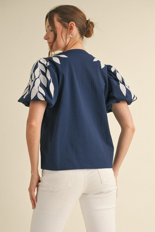 Leaf Embroidered Puffed Sleeves Top
