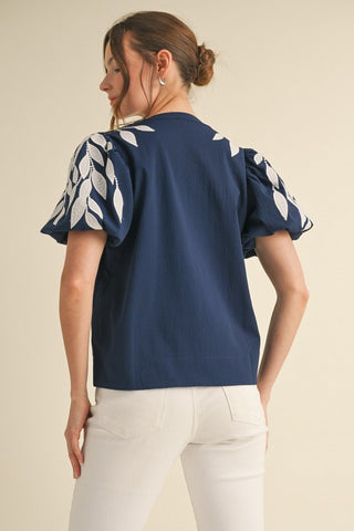 Leaf Embroidered Puffed Sleeves Top