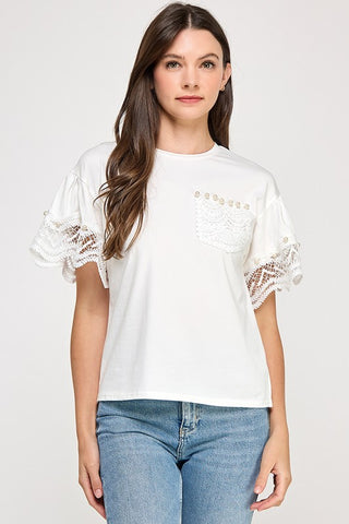 Lace Trim Detail R Neck T Shirt
