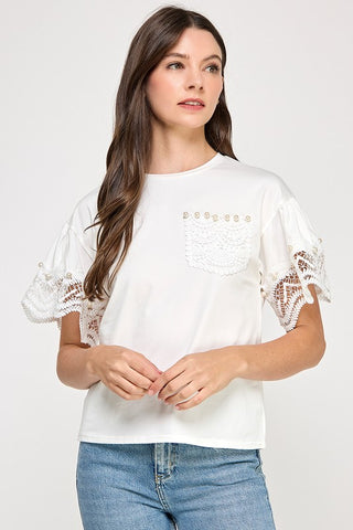 Lace Trim Detail R Neck T Shirt