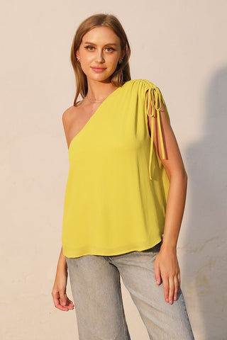 Crinkle Solid Drawstring One Shoulder Top