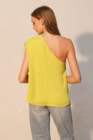 Crinkle Solid Drawstring One Shoulder Top