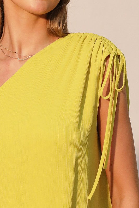 Crinkle Solid Drawstring One Shoulder Top