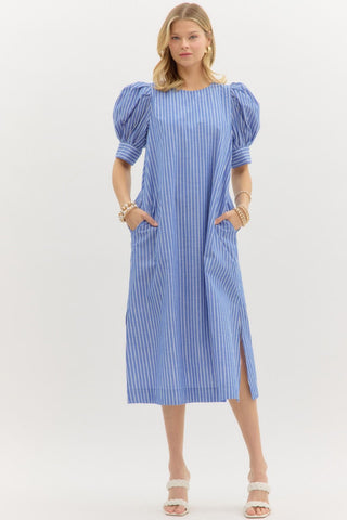 Stripe pattern cuff band pleated puff dress pullover midi dress