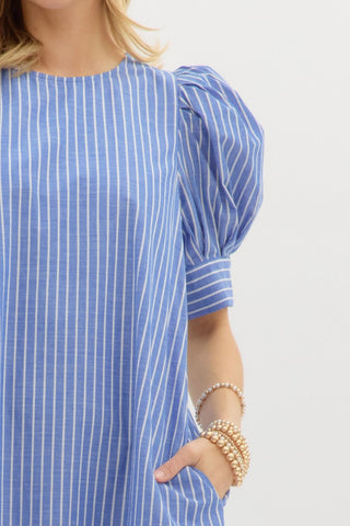 Stripe pattern cuff band pleated puff dress pullover midi dress