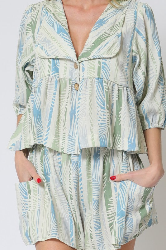 3/4 Sleeve Button Down Top & Shorts Set