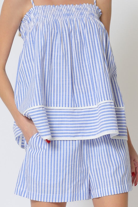 Thin Adjustable Strap Stripe Top Stripe Shorts Set