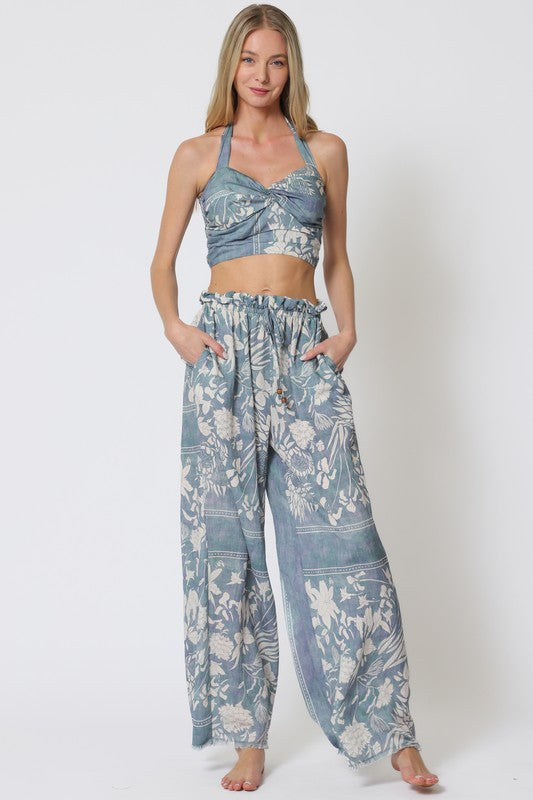 Halter Smcoked Back Top & Long Pants Set