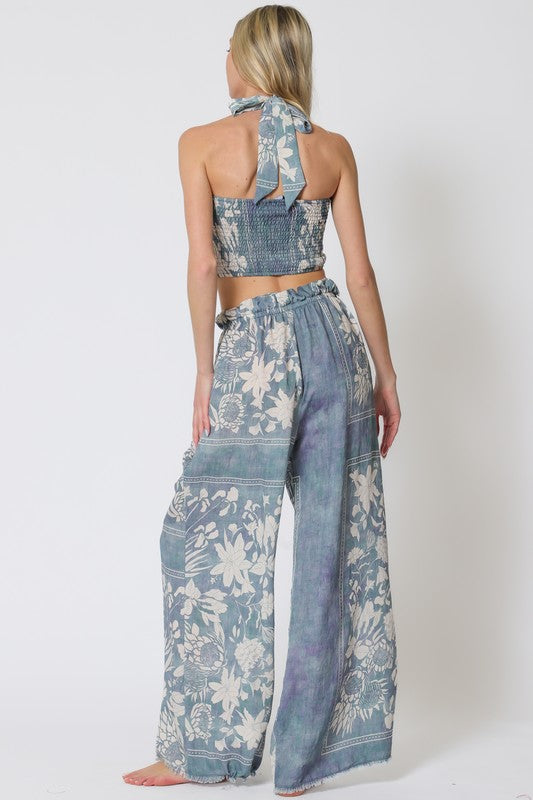 Halter Smcoked Back Top & Long Pants Set