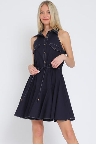 Sleeveless Button Down Tie Front Mini Dress