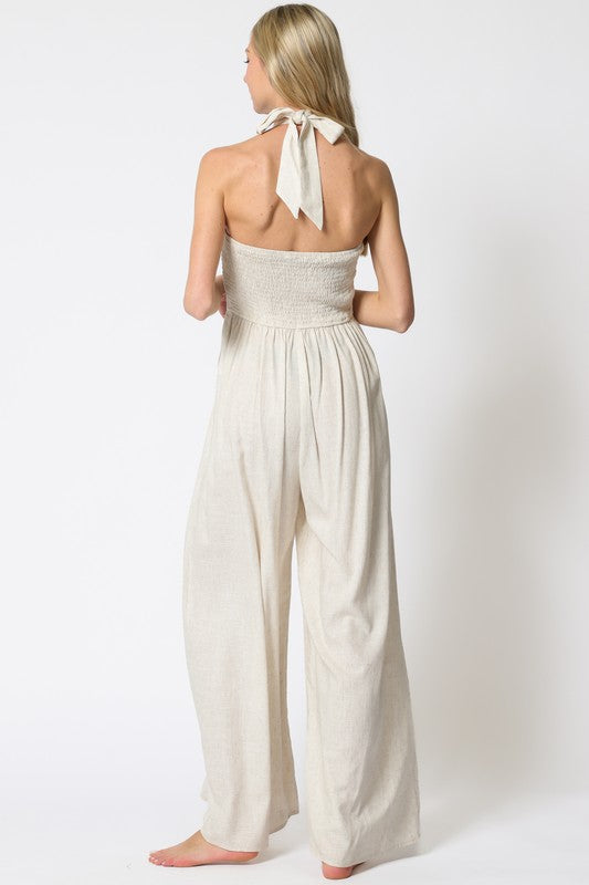 Halter Button Down Smocked Linen Jumpsuit