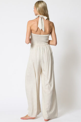 Halter Button Down Smocked Linen Jumpsuit