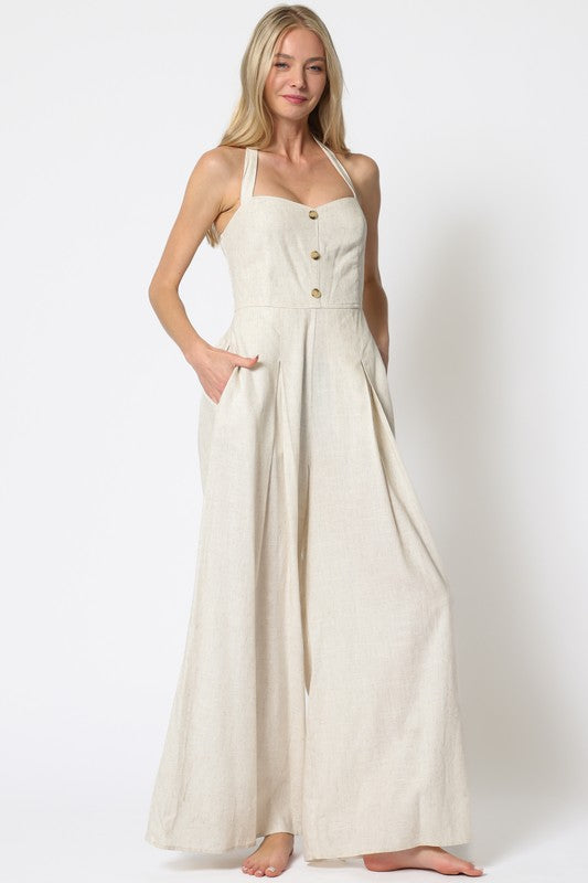 Halter Button Down Smocked Linen Jumpsuit
