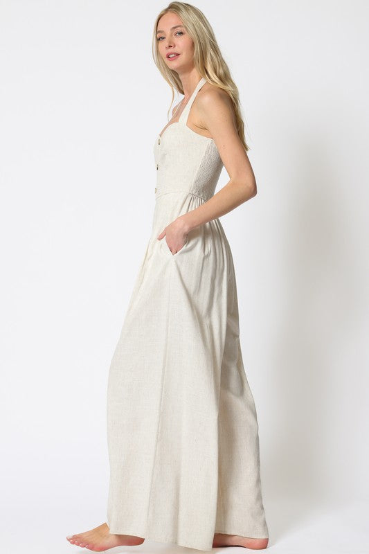 Halter Button Down Smocked Linen Jumpsuit