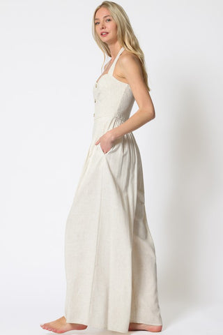 Halter Button Down Smocked Linen Jumpsuit