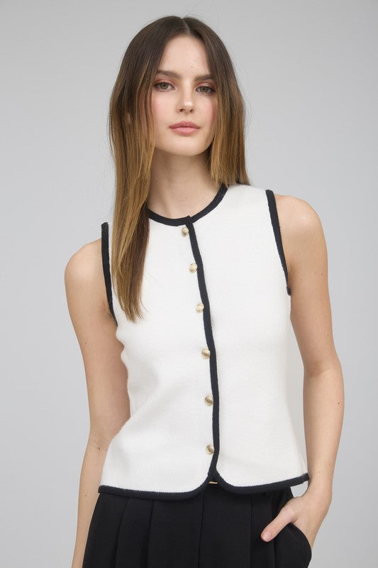Contrast Trim Detail Gold Button Sweater Vest