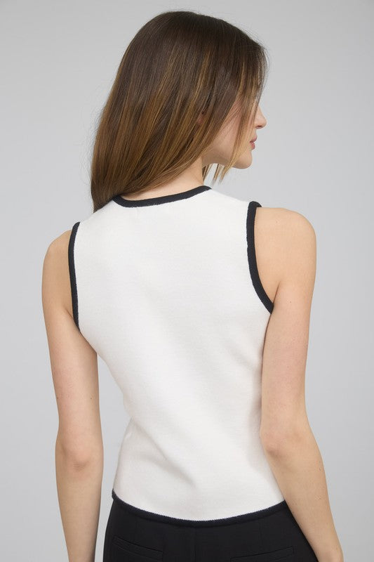 Contrast Trim Detail Gold Button Sweater Vest