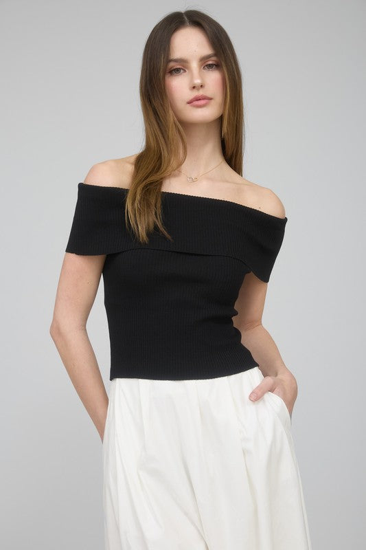 Off The Shoulder Fold Over Sweater Knit Top