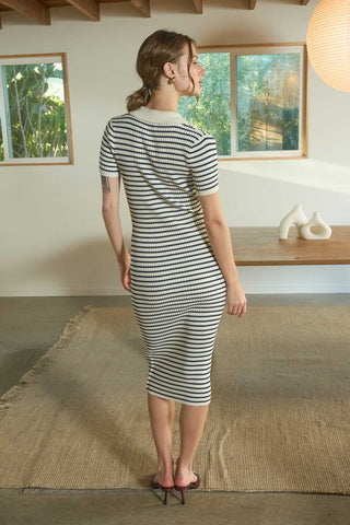 Stripe Collared Short Sleeve Knit Midi Dress