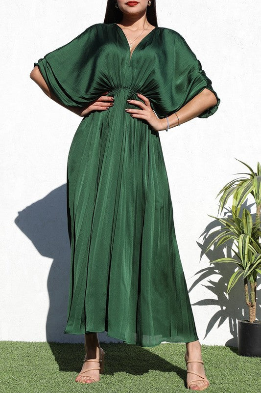 Pleated V Neck Satin Midi Dress