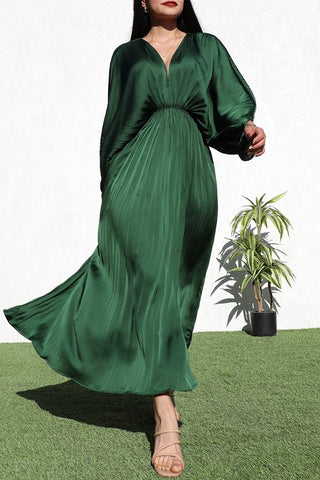 Pleated V Neck Satin Midi Dress