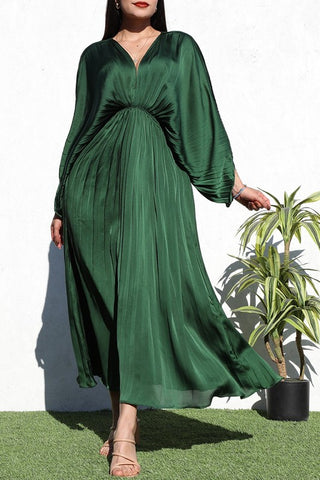 Pleated V Neck Satin Midi Dress