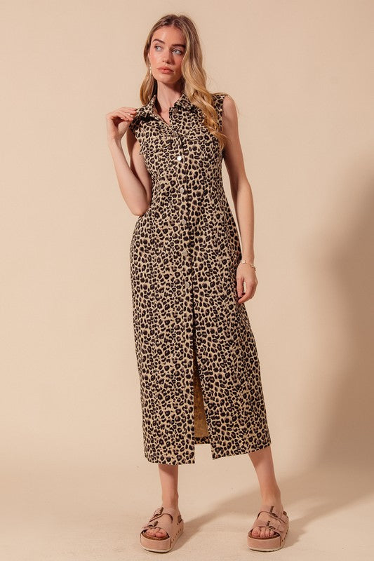 Button Front Maxi Leopard Denim Shirt Dress