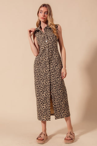 Button Front Maxi Leopard Denim Shirt Dress