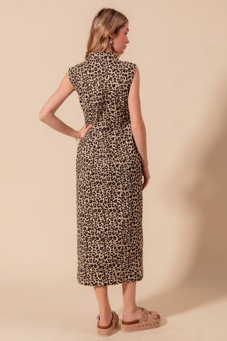 Button Front Maxi Leopard Denim Shirt Dress