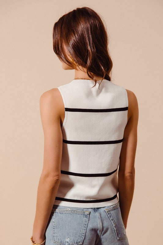 Button Up Front V Neck Stripe Sweater Vest Top