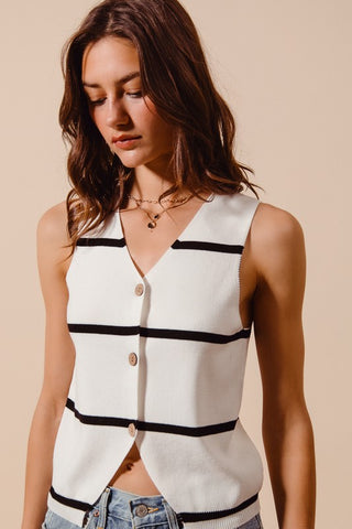Button Up Front V Neck Stripe Sweater Vest Top