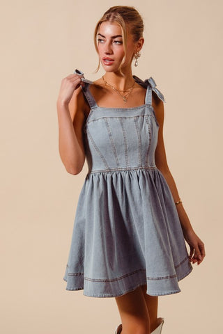 Fir And Flare Denim Dress With Ribbon Tie Strap
