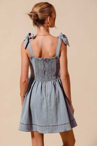 Fir And Flare Denim Dress With Ribbon Tie Strap