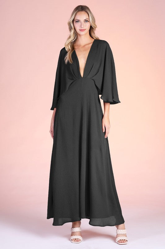 Crinkle Solid Cape Maxi Dress