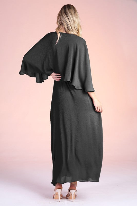Crinkle Solid Cape Maxi Dress