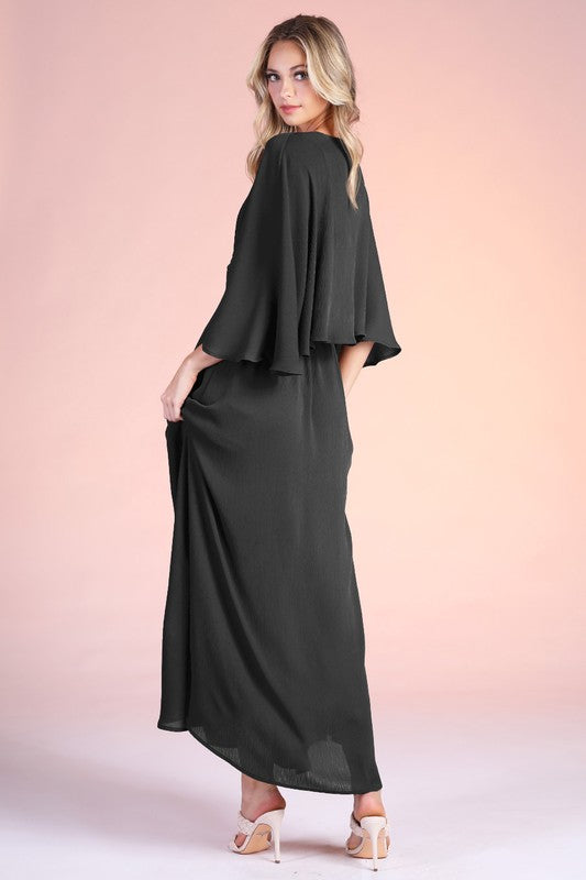 Crinkle Solid Cape Maxi Dress