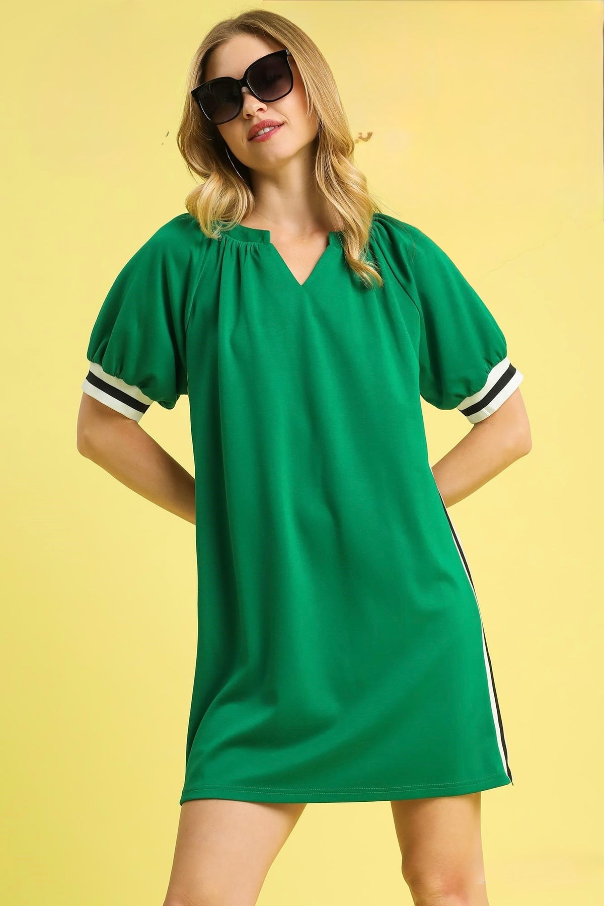 Luxeknit Puff Sleeve Varsity Trim Dress