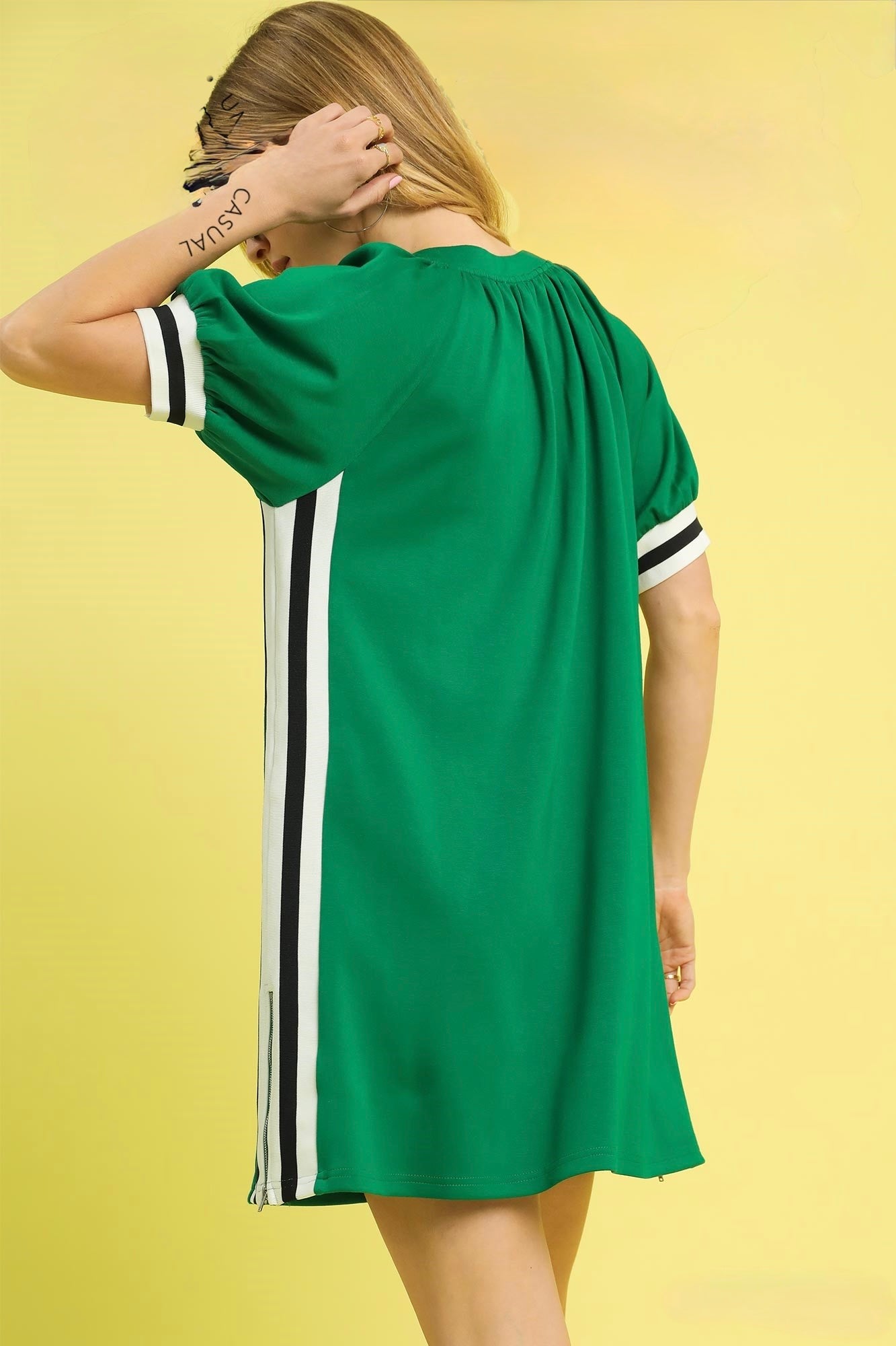 Luxeknit Puff Sleeve Varsity Trim Dress