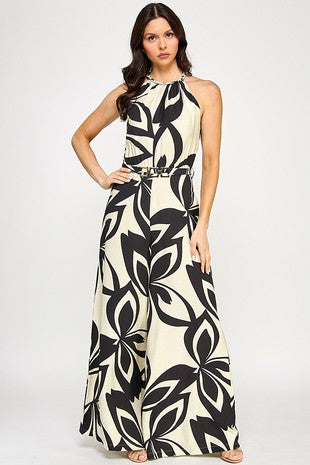 Braid Trim Halter Neck Belted Jumpsuit