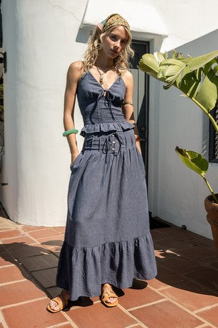 Denim Blue Maxi Ruffle Skirt
