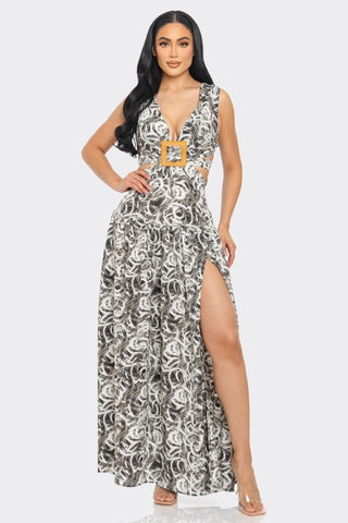 Maxi Dress, Abstract Print, Sleeveless, Deep V Neckline, Buckle Detail, Cutout, Side Slit, Hidden Back Zipper