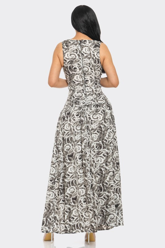 Maxi Dress, Abstract Print, Sleeveless, Deep V Neckline, Buckle Detail, Cutout, Side Slit, Hidden Back Zipper