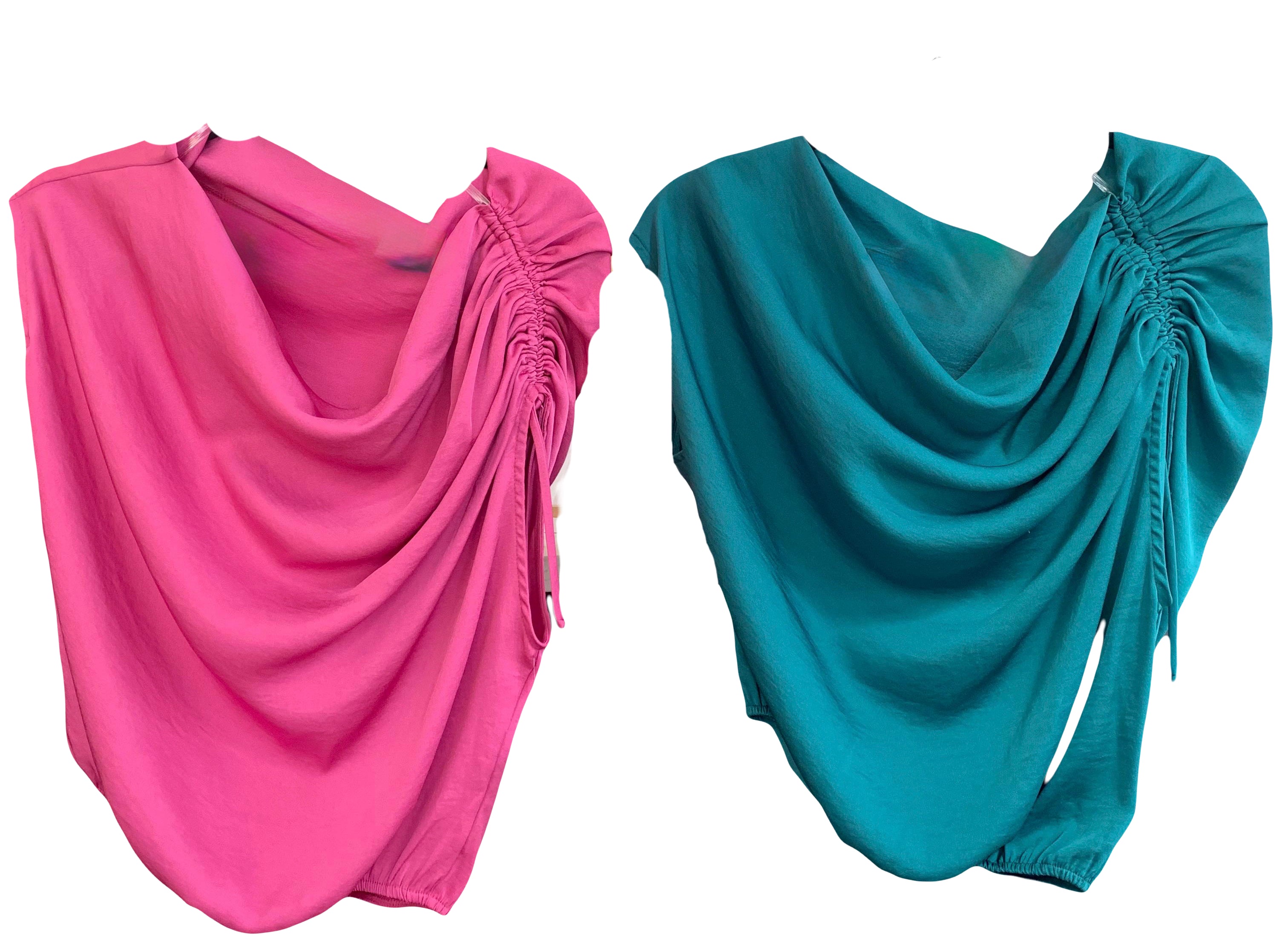 Washed Poly Silk Asymmetrical Drawstring Top