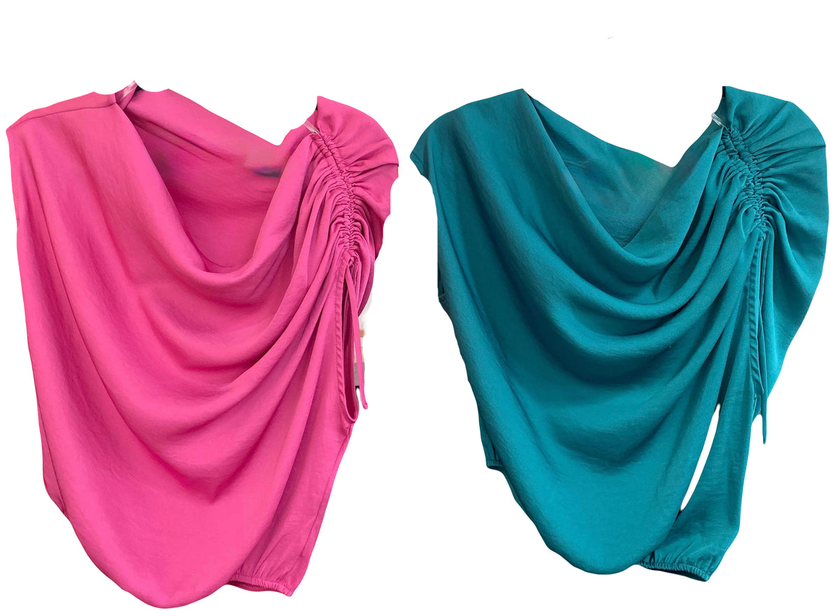 Washed Poly Silk Asymmetrical Drawstring Top