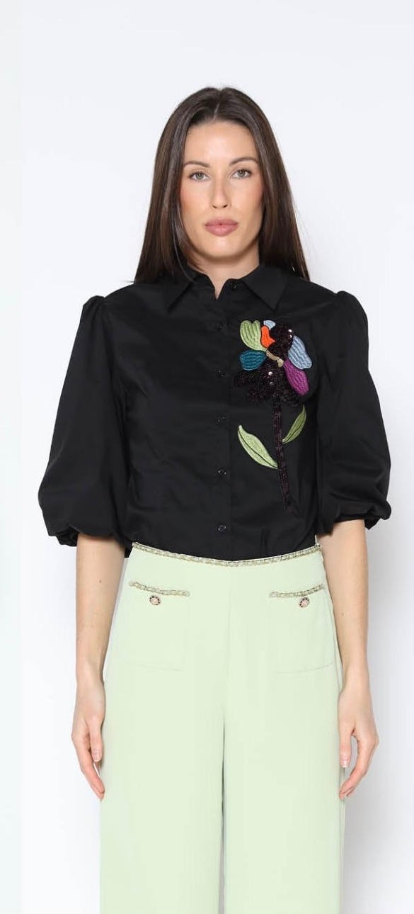 Sequin Embroidery Flower Detail Puff Sleeve Gracia