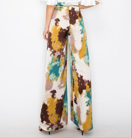 Satin abstract print high-waisted belt wide pants