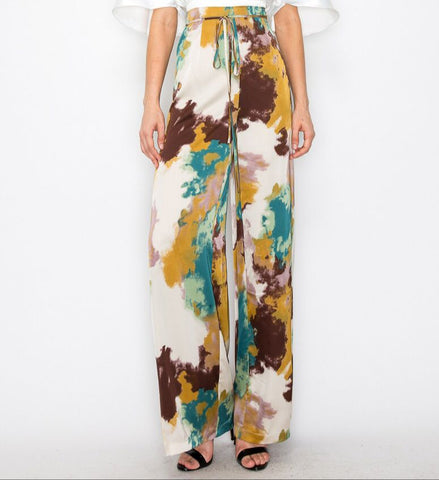 Satin abstract print high-waisted belt wide pants