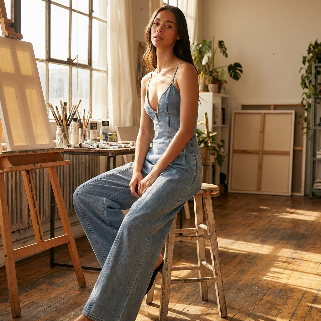Model seated in an artist's studio wearing a woven jumpsuit, with natural light emphasizing fabric weave and intricate details.