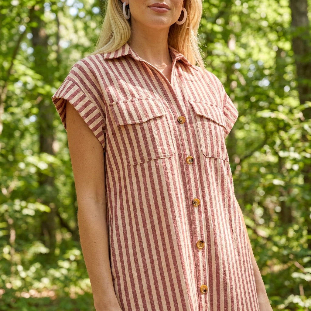 Close-up of woven stripe mini dress with collar and buttons, model outdoors in natural sunlight highlighting fabric texture.