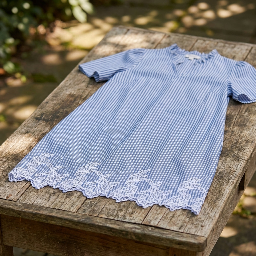 Medium shot of mini dress on a rustic wooden table highlighting embroidery and fabric details with ambient daylight.